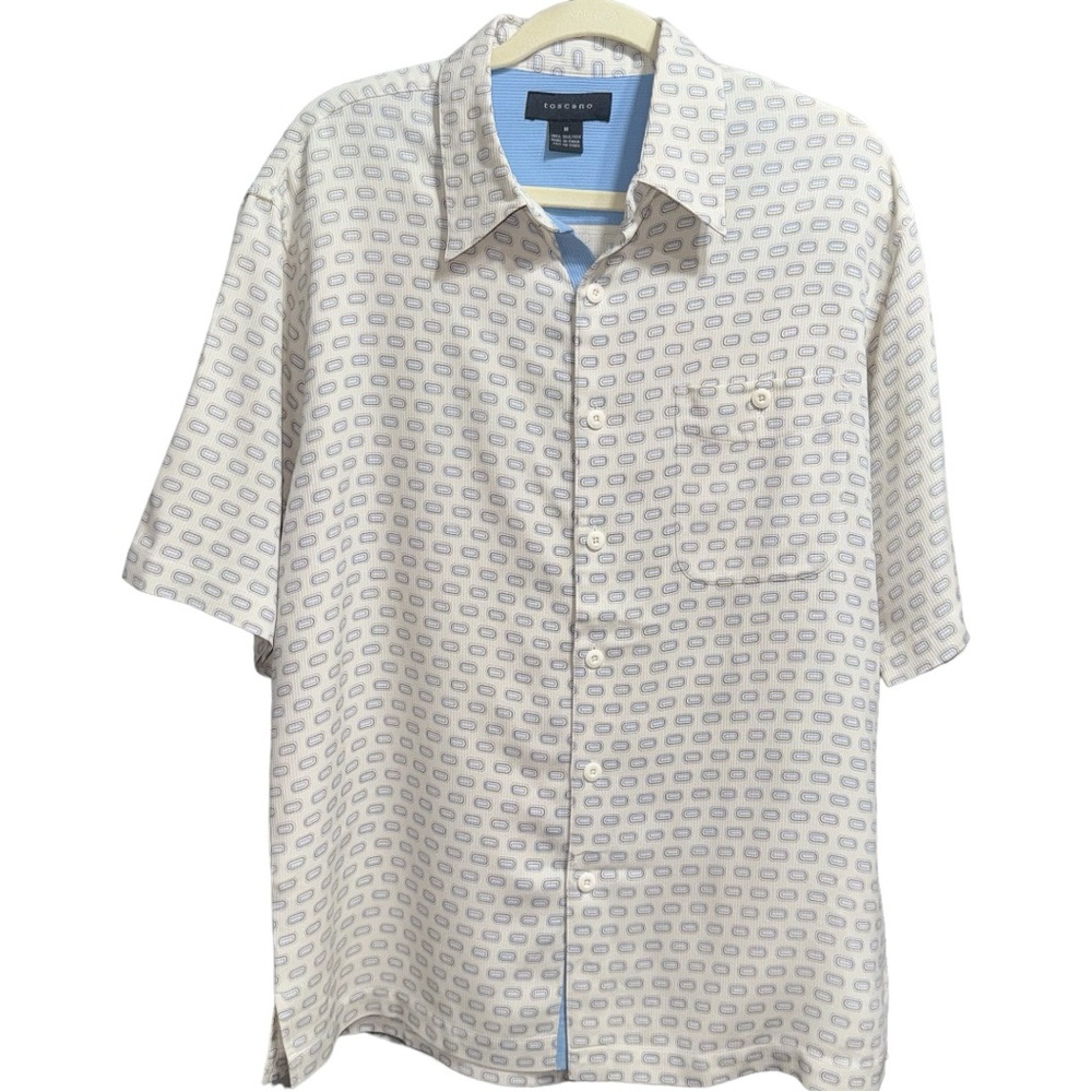 TOSCANO Short Sleeve Shirt Men's Size Medium Cream Geometric Print Button Down